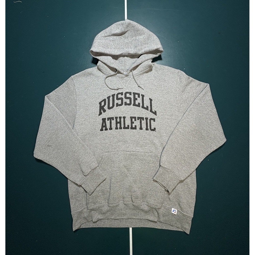 Y2K Russell Athletic Spell Out Hoodie‎ Sweatshirt Mens Large Gray Black Pullover